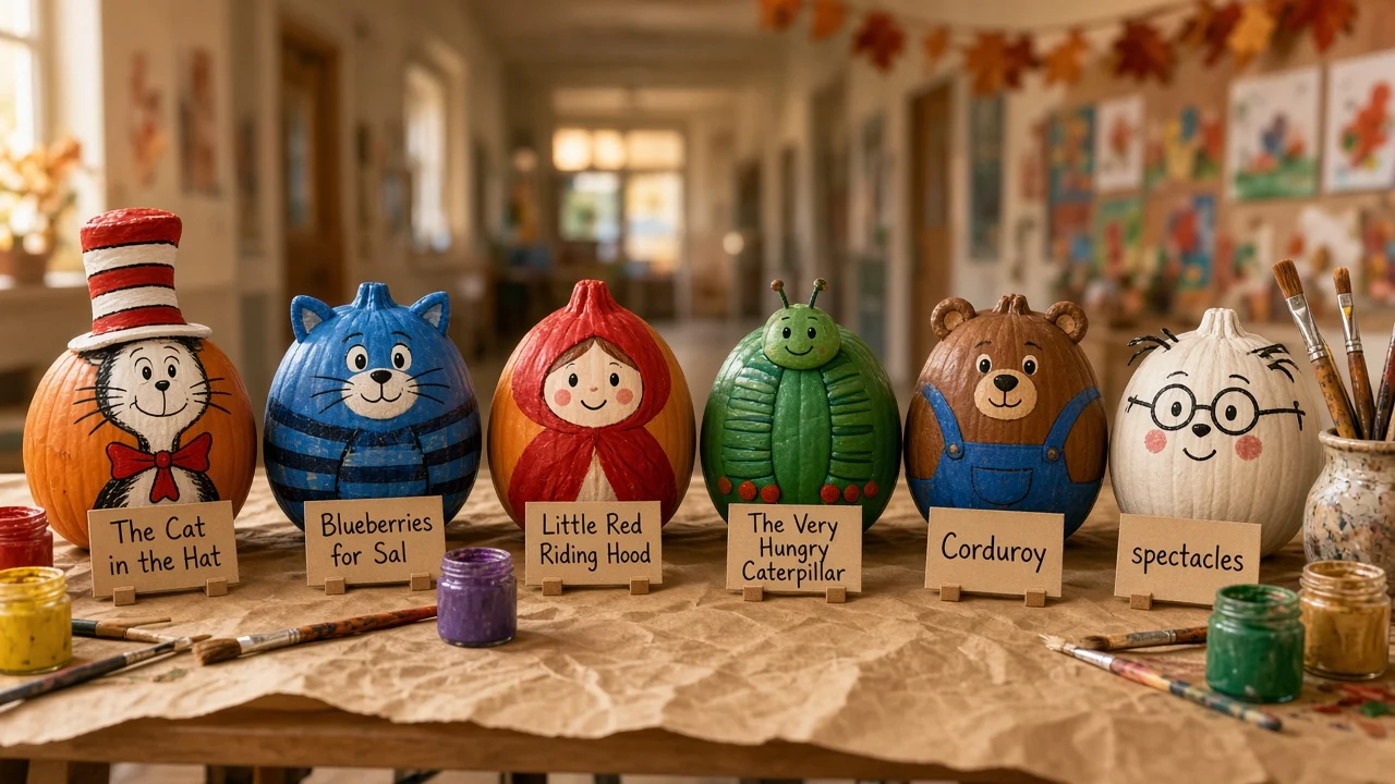 Painted storybook character pumpkins with book title cards beside a family craft table