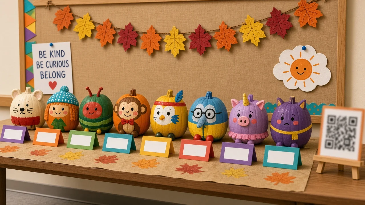 School hallway lined with painted character pumpkins and book title cards