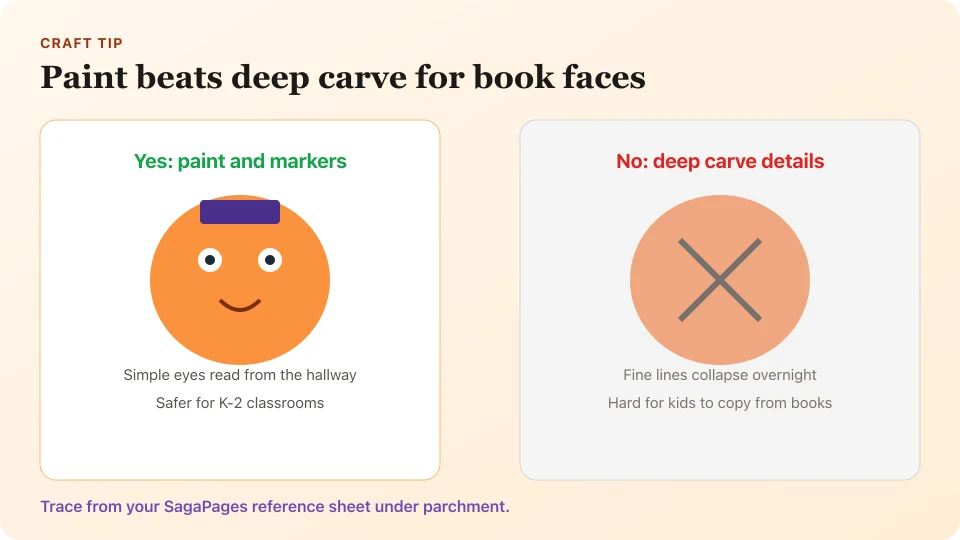 Painted storybook pumpkins compared with a carved pumpkin for readability